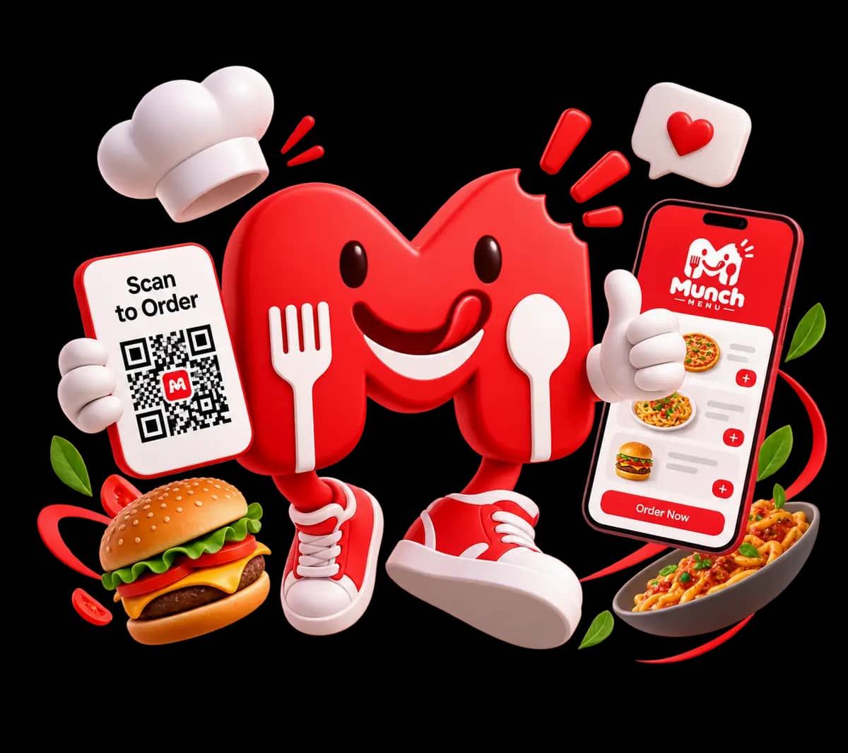 Munch Menu mascot with QR ordering and digital menu on phones