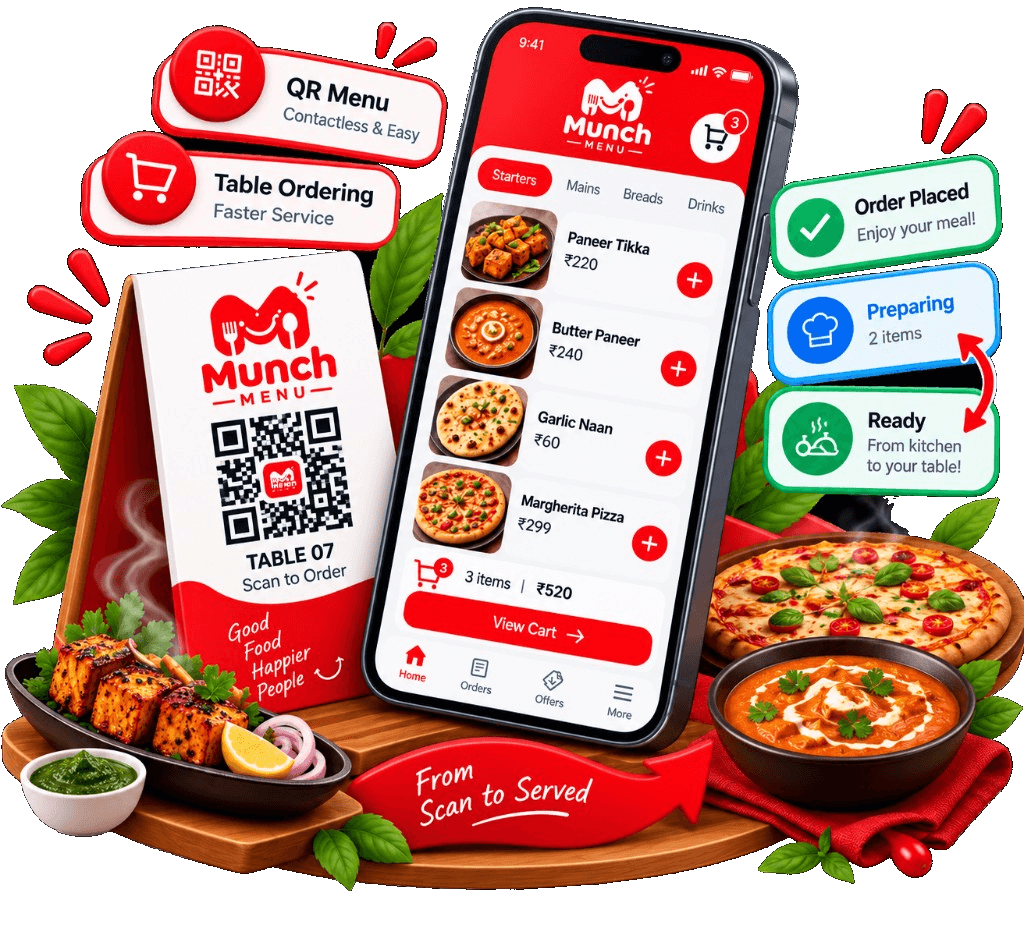 Munch Menu QR ordering — table QR stand, digital menu on phone, food, and live order status from scan to served